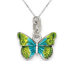 Colorful Enameled Butterfly Charm Pendant Necklace in Sterling Silver 